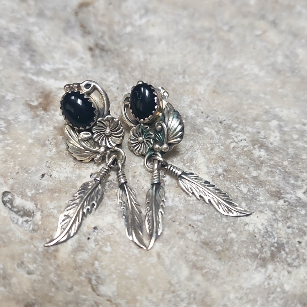 Navajo genuine onyx and solid sterling silver post dangle earrings